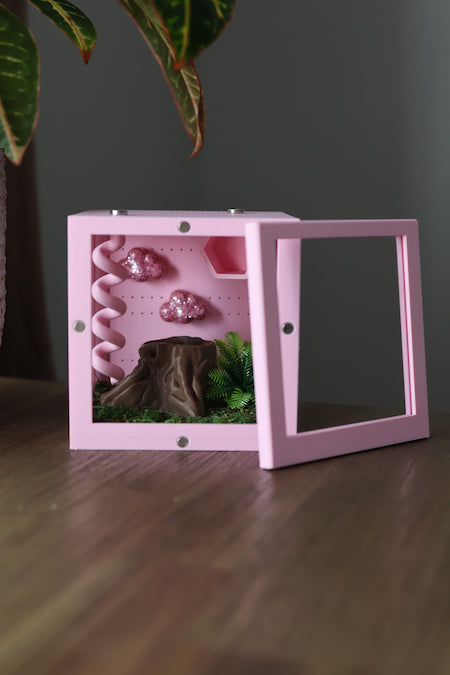Jumping spider house with hide, spiral, moss, foliage and tree decor - Spooder Nook