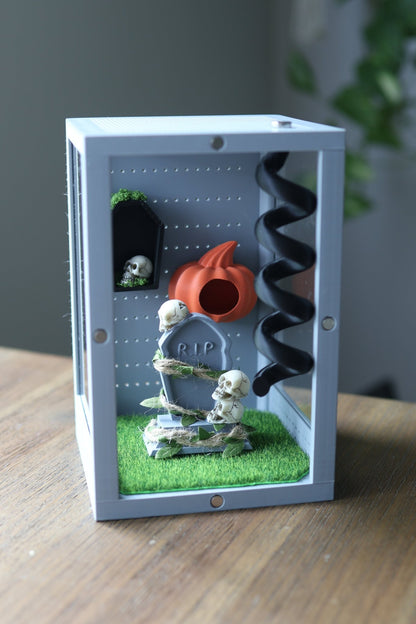 Jumping spider enclosure with hide, spiral and tombstone decor accessories 